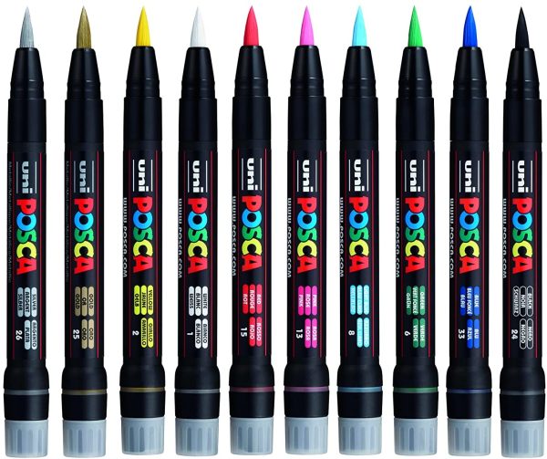 POSCA PCF-350 Water Based Permanent Marker Paint Pens. Premium Fine Brush Tip For Arts And Crafts. Set Of 10 Vibrant Colours