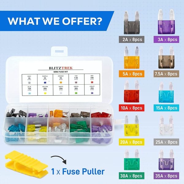 Car Fuses 80 Pcs ?C Assorted Automotive Mini Blade Fuses 2A ?C 35A with Fuse Extractor and Clear Storage Box ?C Replacement Kit for Car, Motorcycle, SUV, Truck, Boat