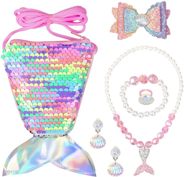 MEETANG Girls Jewellry Set Kids Jewellery Toy Kit with Sequins Mermaid Tail Purse Bag Necklace Bracelet Ring Earrings Bow Knot Hair Clip Shiny Rainbow Color Plastic - Image 3