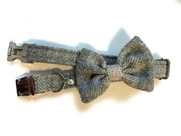 Harris Tweed Dog Collar with detachable Bow Tie - Baby Grey