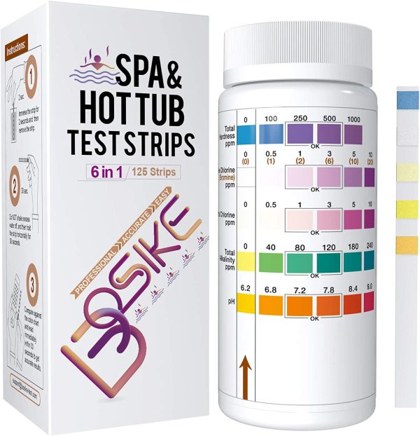 BOSIKE 6 in 1 Water Hot Tub, Swimming Pool & Spa Test Strips Kit - 125 Water Tester Strips for Total Hardness, Free Chlorine, Bromine, Total Chlorine, Alkalinity & pH