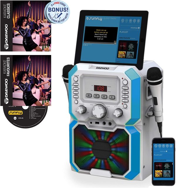 Daewoo Bluetooth Karaoke Machine with Voice Control and Echo Function, Two CD Disks Included, LED Lights, 2x6.3mm Microphone Jacks and 3.5mm AUX Input, CD, MP3, USB Connection, Record Live- White - Image 6