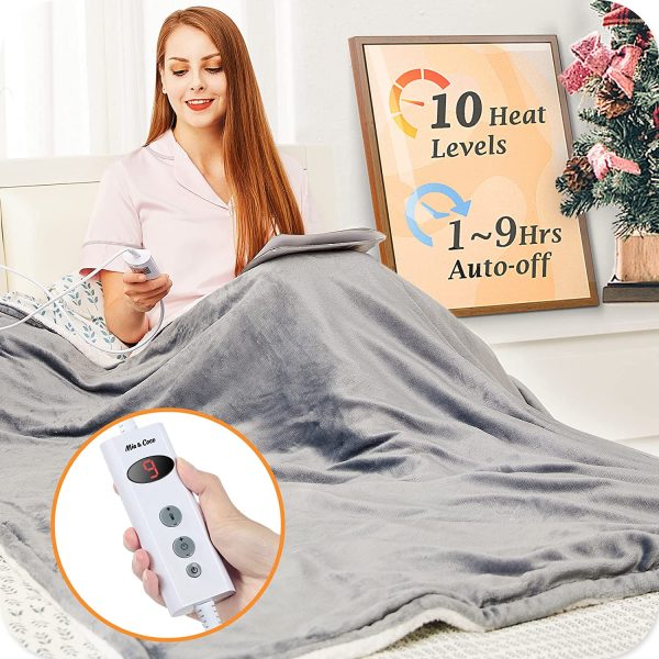 Electric Heated Blanket Throw Flannel Sherpa Fast Heating 120x160cm, 10 Heat Levels & Up-to-9-Hours Auto-Off Timer & LED Display, for Home Office Use, Machine Washable, ETL Certified, Grey - Image 2