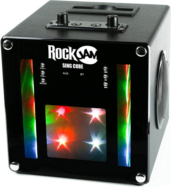 RockJam RJSC01-BK Singcube 5-Watt Rechargeable Bluetooth Karaoke Machine with Two Microphones, Voice Changing Effects & LED Lights, Black - Image 4