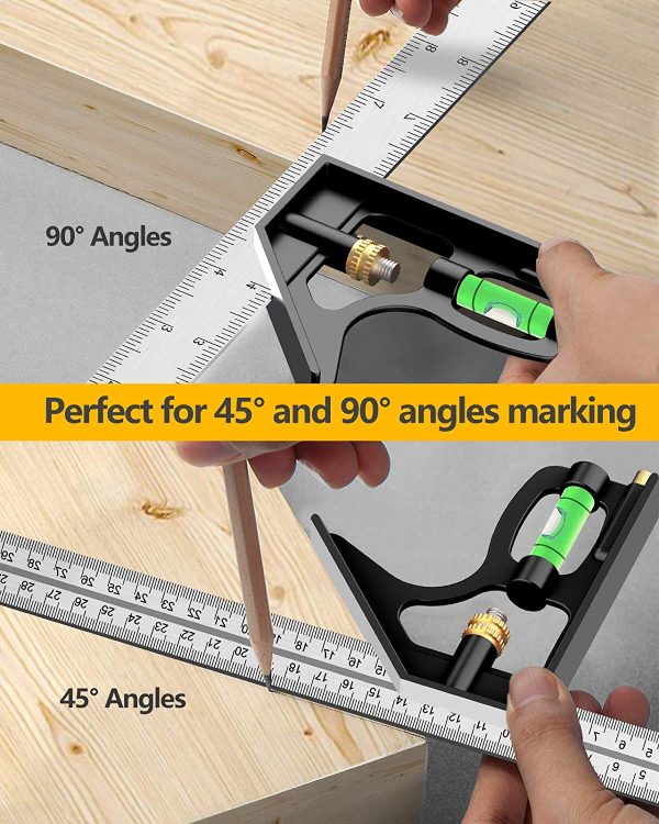 Combination Square, Set Square Engineers Square 12Inch/300mm Stainless Steel Ruler, Adjustable Carpentry Square 45/90 Degree with Bubble Level, Measuring Tool for Engineer/Carpenter/Woodworking-Black - Image 5