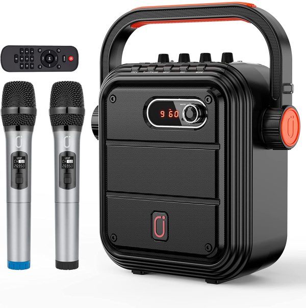 JYX Karaoke Machine with 2 UHF Wireless Microphones, Portable Bluetooth Speaker with Shoulder Strap, HD Sound PA System Support TWS, Radio, AUX In, REC, Bass&Treble for Party/Meeting