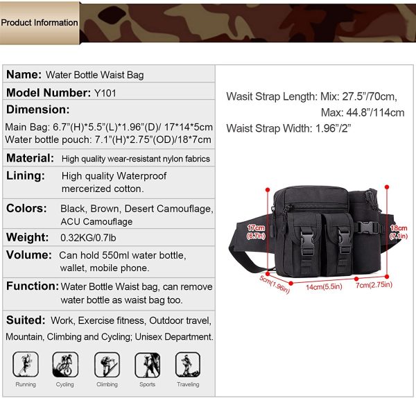 HUNTVP Tactical Waist Pack Bag with Water Bottle Pouch Molle Fanny Bag Bumbag Waist Bag for Dog Walking Running Hiking Travel Outdoors - Image 7