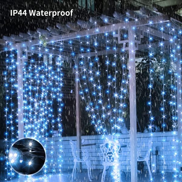 2M x 2M Curtain Light Mains Powered Backdrop Window Curtain Light Christmas Fairy Lights Plug in Linkable,204 LED,Remote for Easter Indoor Gazebo Decor(Blue+White)