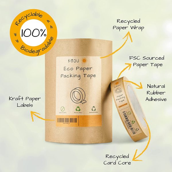 KOJU Kraft Paper Packing Tape 24mm x 50m | 1/3/6 packs | Eco Friendly, Recyclable & Biodegradable Brown Paper Tape for Packaging Parcels & Moving House Boxes | Strong, Heavy Duty Parcel Tape (1) - Image 5