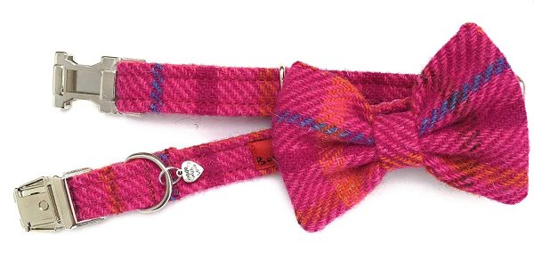 (Iona) Harris Tweed Dog Collar with detachable Bow Tie - Cerise Pink - Image 2