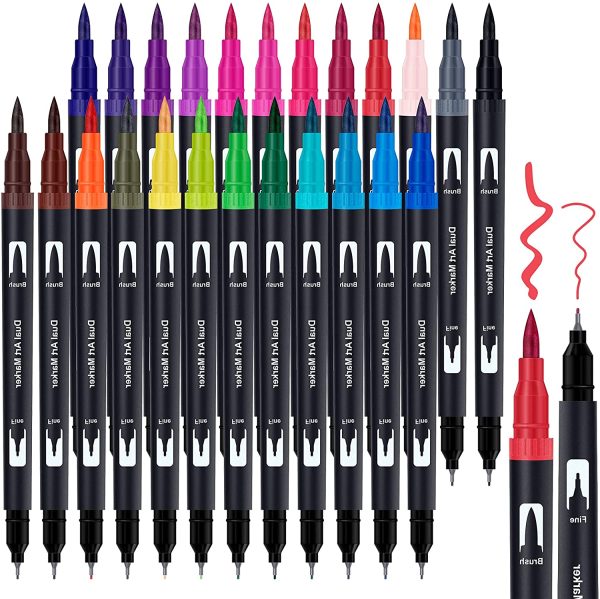 Dual Tip Brush Pens for Adult Colouring Books, 24 Colors Fineliners Colouring Pens for Bullet Journal, Dual Felt Tip Pens, Coloured Pens, Fineliner Pens for Drawing, Lettering, Sketching, Calligraphy