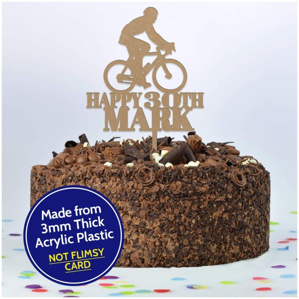 Happy Birthday Bicycle Cycling Cake Topper Decoration - PERSONALISED Mountain Bike ANY Age ANY Name Cake Toppers for Him, Son, Boys, Dad, Grandad, Kids - Gold Silver Black Wood Cake Decoration - Image 5