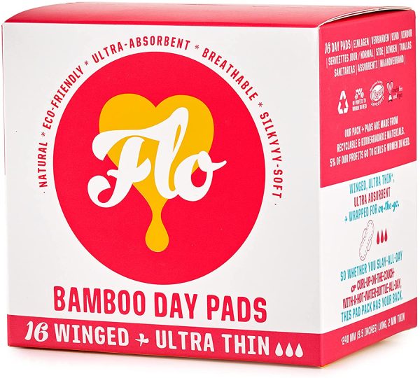 FLO Organic Bamboo Sanitary Pads with Wings - Silky Soft, Ultra- Absorbent Biodegradable - Ultra-Thin Mega Pad Day Pads Pack - 16 Count