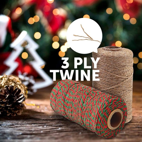 Christmas Twine (3 Roll) ?C Natural Jute String Roll for Gift Wrapping | Xmas Craft Decoration | Biodegradable Red, Green & Brown Cotton & Hemp Rope | Versatile for Gardening Art Presents 100M - Image 4