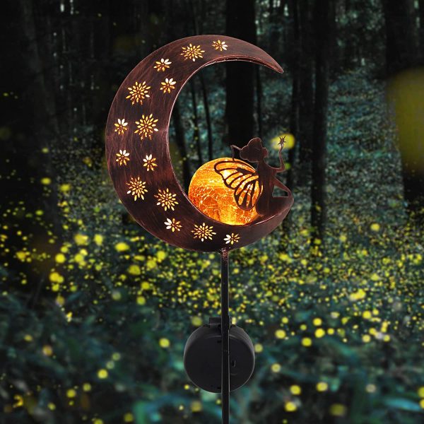 Metal Fairy Sitting on Moon Solar Lights for Garden Ornaments Outdoor, Solar Stake with Crackle Glass Ball, Decorative Garden Gifts for Flowerbed, Walkway, Pathway, 100cm Tall - Image 4