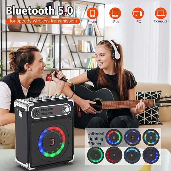 JYX Karaoke Machine with Two Wireless Microphones, Portable Bluetooth Speaker with Bass/Treble Adjustment, Remote Control and LED Lights, Supports TF Card/USB, AUX IN, FM, REC for Party-Black - Image 6