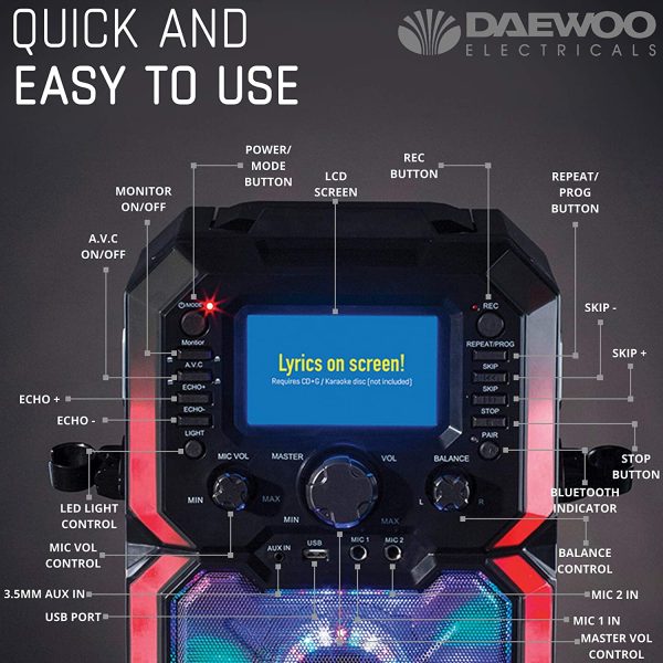 Daewoo AVS1302 Bluetooth Portable Karaoke Machine with 2 Wired Microphones, 5 inch Digital LCD Display Screen, 3.5mm AUX Input, CD, MP3, USB Connection, LED Lights & 2 Mic In Jacks - Image 9