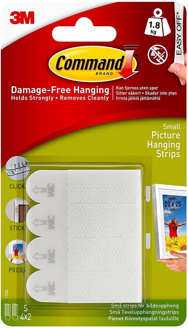 Small Picture Hanging Strips, Set of 4 Adhesive Strips, White - Damage Free Hanging - For Pictures, Frames and Wall D??cor - Holds up to 1.8 kg