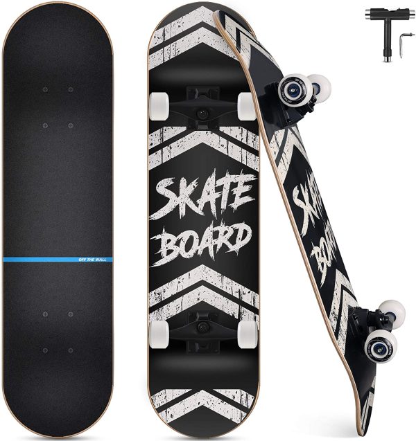 Complete Skateboard, 7-Layer Maple Wood Deck Double Kick Standard Skateboards with All-in-One Skate Tool, for Kids, Teens, Adult, Beginner (31 x 8 Inch)