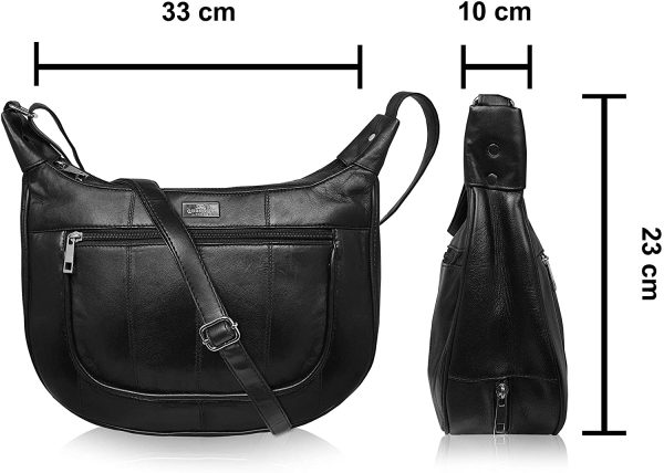 Quenchy London Ladies Soft Leather Handbag, Single Strap A-Cross Body Designer Shoulder Bag with 5 Zipped Pockets, 2 Large Main Sections, Umbrella Compartment QL174KK Black - Image 3