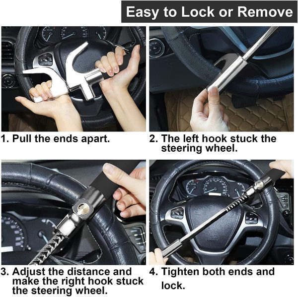 Turnart Steering Wheel Lock Universal Car Lock Anti-Theft Device Retractable Steering Lock With 3 Keys For Auto/Truck/Suv/Van(Black) - Image 4