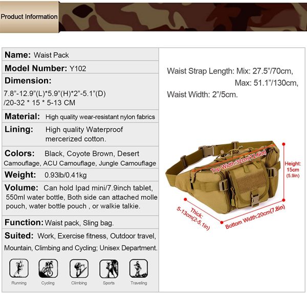 HUNTVP Tactical Waist Bag Military Waist Pack Molle Bumbag Fanny Pack for Outdoors Walking Running Hiking Camping Climbing Trekking Hunting - Image 4