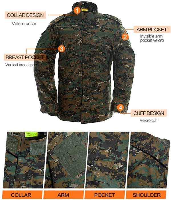 LANBAOSI Men's Tactical Jacket and Combat Trousers Set Camo Woodland Hunting ACU Military Uniform - Image 4