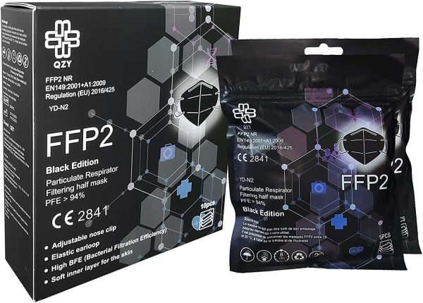 FFP2 Mask Black Edition - Box Of 10 CE Certified Black FFP2 Face Masks - Adjustable Nose Clip With Elastics - 5 Layer Filter Protection Face Masks FFP2 Black - Image 8