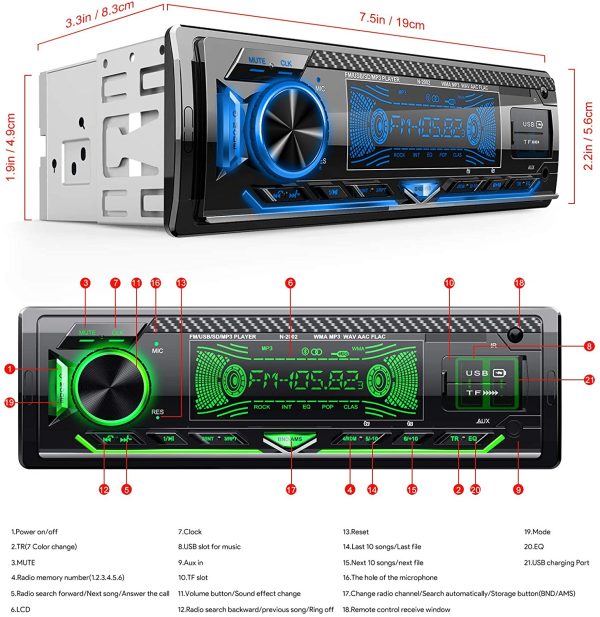 Car Stereo Bluetooth, CENXINY Car Radio Bluetooth 5.0 Hands-free1 Din Universal Built-in Microphone, 4X65W Car Radio Receiver, USB/TF/FM/AUX/WMA/WAV/MP3 Media Player with 7 Colorful Lights