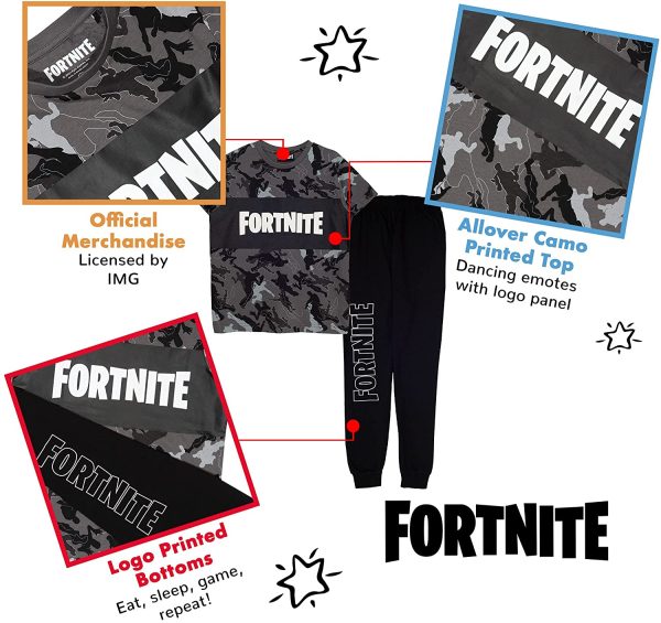 Fortnite Long Pyjama Set for Boys, Dancing Emotes Camo Crew Neck T-Shirt with Pants, 100% Cotton, Official Merchandise, Ages 7 to 15 - Image 3