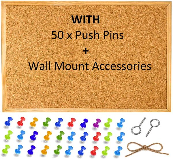 Cork Notice Pin Board Bulletin Vision Boards For Home Bedroom offices Memo Message Pictures Planner Display Organiser Wood Frame Corkboard - Wall Mount Screws And 50 Push Pins - 400 x 300 mm - Image 2