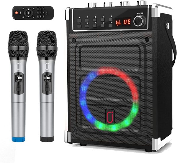 JYX Karaoke Machine with 2 UHF Wireless Microphones, Bass/Treble Adjustment and LED Light, Support TWS, AUX In, FM Radio, REC, Supply for Party/Meeting/Wedding - Black - Image 2