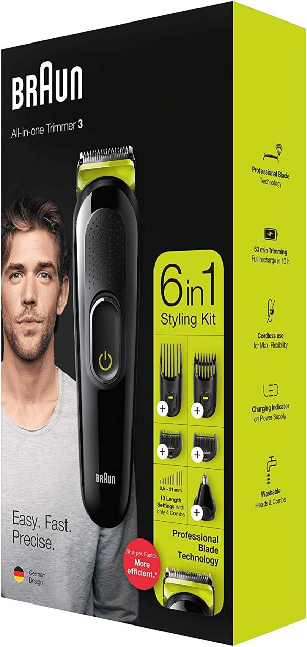 Braun 6-in-1 Beard Trimmer, With Hair & Nose Trimmer, For Beard, Face & Hair Trimming With Lifetime Sharp Blades, 5 Attachments, Gifts for Men, 2 Pin Bathroom Plug, MGK3221, Black/Volt Green - Image 5