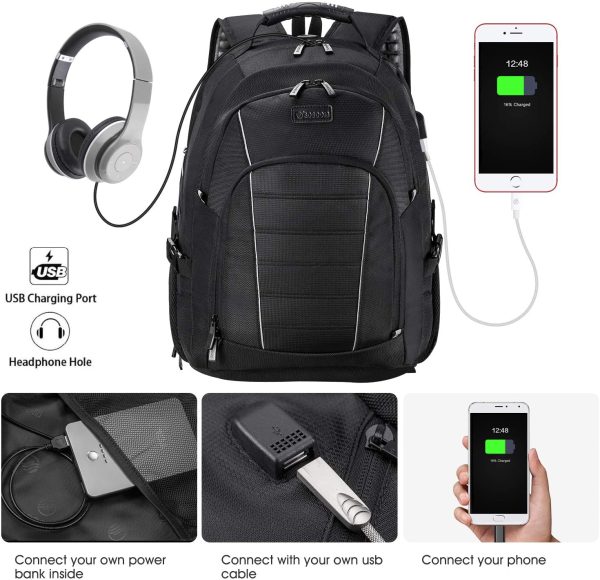 Laptop Backpack, Extra Large 17 Inch Business Travel Rucksack with USB Charging Port Earphone Hole, Durable Water Resistant Work Computer Backpack College/High School Bags for Men/Women/Boys, Black - Image 2