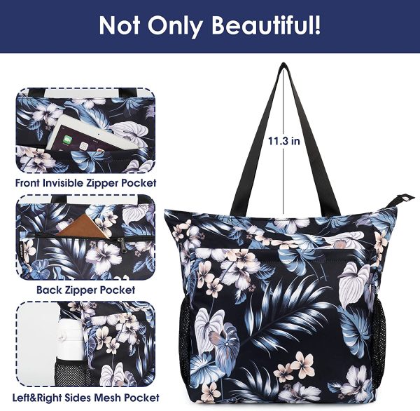 Floral Beach Tote Water-resistant Beach Bag Large Shoulder Bag for Yoga Travel with Multi Pockets - Image 3