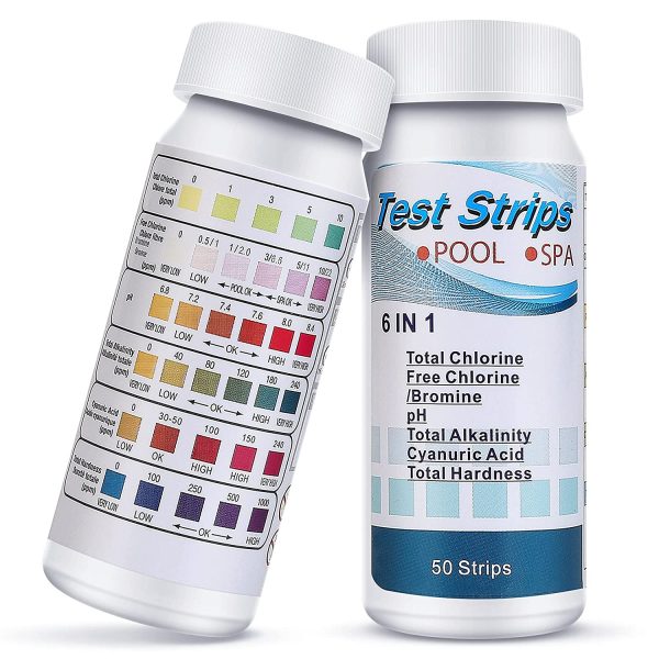 100 Pcs Hot Tub Test Strips,6 in 1 Test Strips Kit-Swimming Pool Spa Chemicals Test Strips for Rapid Measurement of Residual Chlorine in Water PH Total Hardness Alkalinity for Hot Tubs