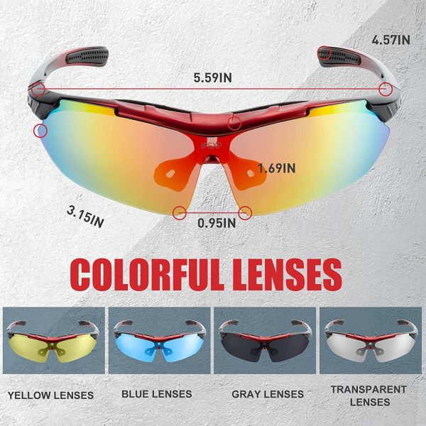 IPSXP Polarized Sports Sunglasses with 5 Interchangeable Lenses,Mens Womens Cycling Glasses,Baseball Running Climbing Fishing Driving Golf??Red and black?? - Image 3