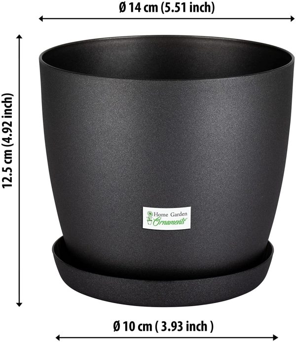 Home Garden Ornaments Flower Pots,6 Colours,3 sizes, Mat Plastic Plant Pots Planter + Saucer Tray (14 cm, Black Graphite Mat) - Image 4