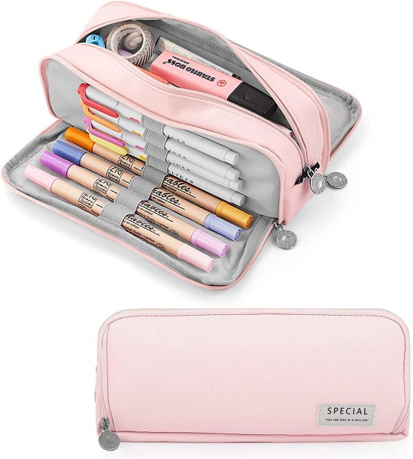 Pencil Case Large Pencil Cases for Girls Boys Big Capacity Pencil Pouch with 3 Compartments School Stationary Office Storage Makeup Bag for Kids Teenage Adults Women Men (Pink) - Image 2