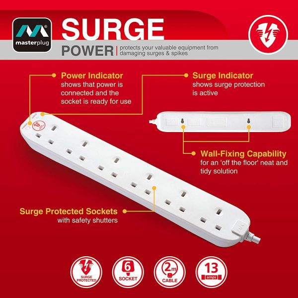 Masterplug SRG6210N-MP Six Socket Surge Protected Extension Lead, 2 Metres, White - Image 4