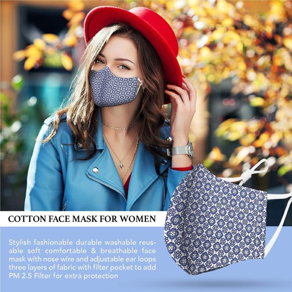 Cotton Face Mask 5 Pack | Handmade in UK Washable Reusable with Nose Wire | Filter Pocket | Adjustable Ear Loops | 3 Layers Cloth Face Masks for Women Men | Dots Patterns - Image 4