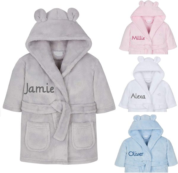 Personalised Embroidered Baby Bath Robe Dressing Gown Soft Gift Pink/Blue/White Teddy Ears Boy Girl Present 0-24 Months - Image 2