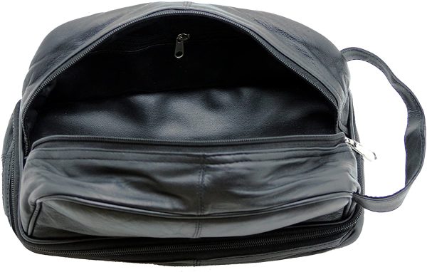 RAS WALLETS Mens Ladies Large Genuine Leather Travel Overnight Wash Gym Toiletry Cosmetic Shaving Bag with Carry Handle 3530 (Black) - Image 2