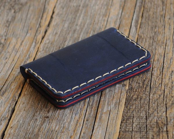 Blue and red leather wallet. Credit card, cash or ID holder. Rustic style unisex pouch. - Image 3