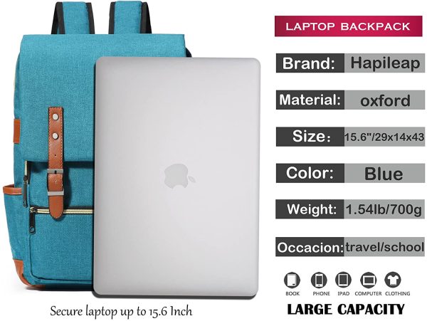 HapiLeap Laptop Vintage Backpack Water Resistant Business Travel School Rucksack Messenger Bag Fits 15.6 Inch Notebook for Men & Women (Blue) - Image 7