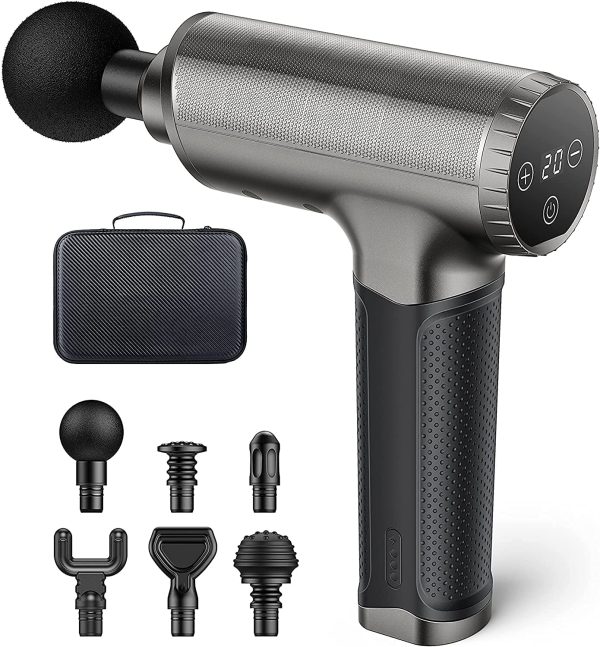 Massage Gun Portable Deep Tissue Percussion Massager with 6 Heads and 20 Adjustable Speeds for Pain Relief and Relaxation 3200rpm/min Vibrating Muscle Massager (Grey)