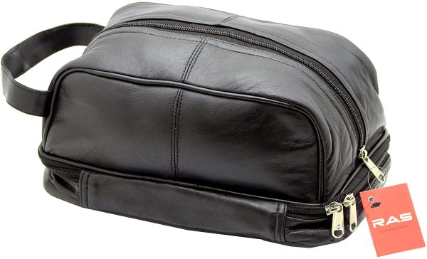 RAS WALLETS Mens Ladies Large Genuine Leather Travel Overnight Wash Gym Toiletry Cosmetic Shaving Bag with Carry Handle 3530 (Black) - Image 4