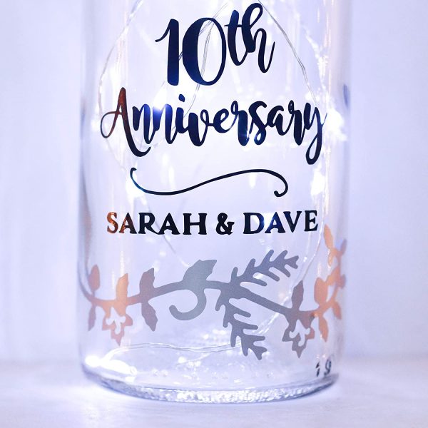 Personalised 10th Wedding Anniversary Gifts, 10 Years, Aluminium, Tin, Handmade Bottle Light - Image 3