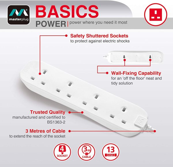 BSG3-MP Four Socket Long Extension Lead, 3 Metres, 13 Amp, White - Image 7