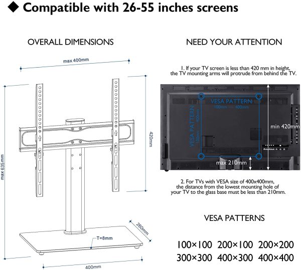 BONTEC Universal Table Top Pedestal TV Stand with Bracket for 26??-55?? LCD/LED/Plasma TVs-Height Adjustable TV stand with 8mm Tempered Glass Base & Cable Management-Holds 40 KG & Max.VESA 400x400mm - Image 5